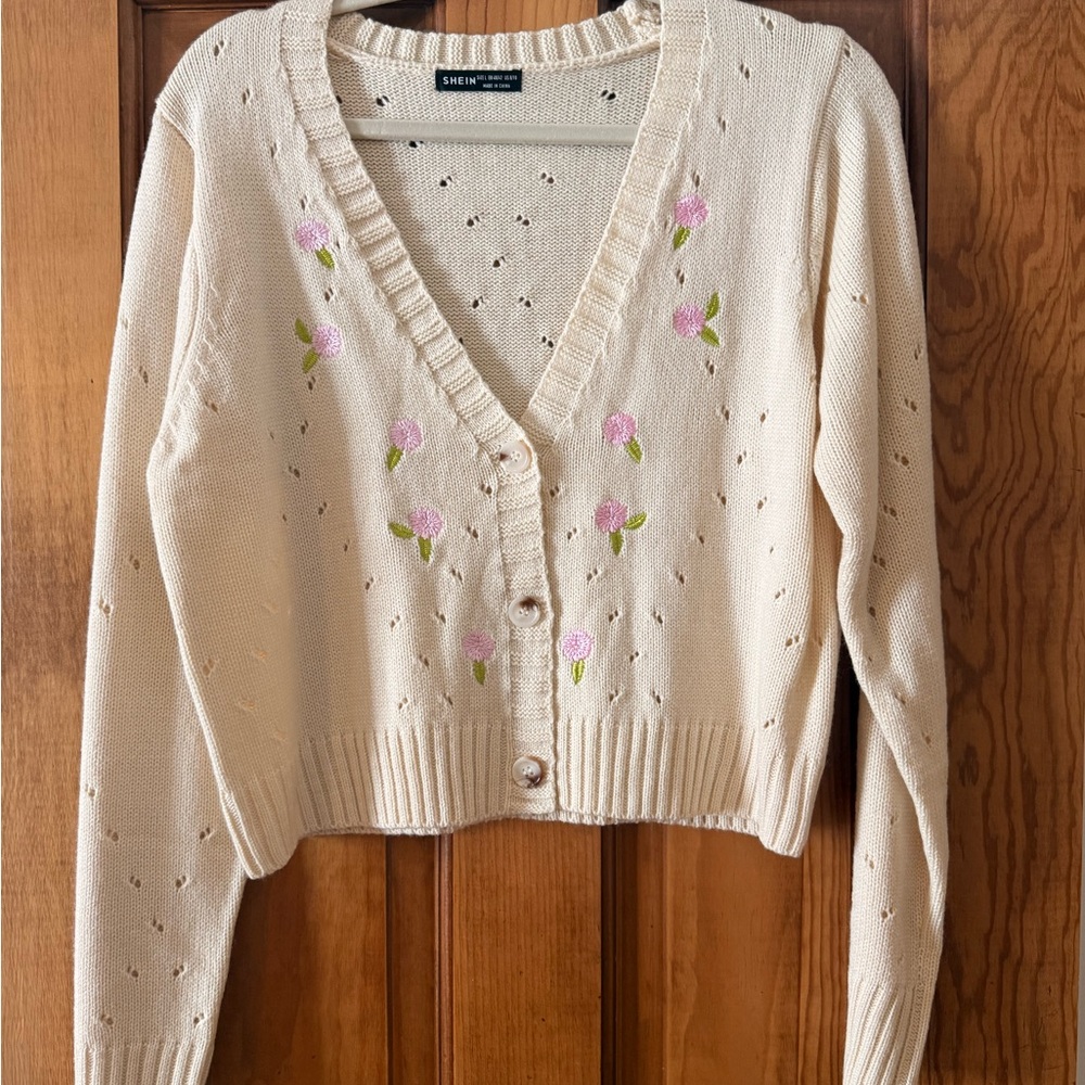 SHEIN Cream Cardigan with Pink Floral Details